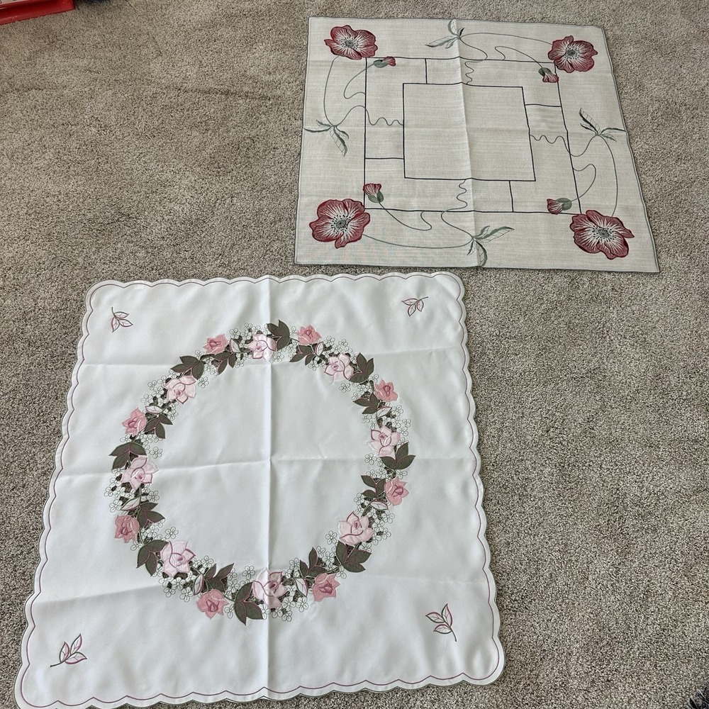 Lot Of 2 Vintage Cutwork Embroidered Floral Poppies Tablecloth Square Satin 33"